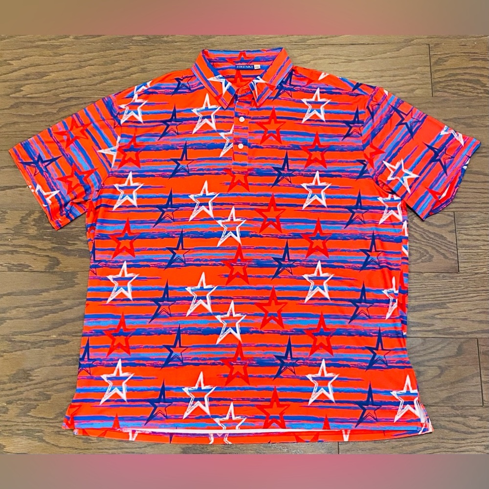 HRESKI Men’s Multi-Color Stars & Stripe Performance Golf Polo Shirt — Size 2XL